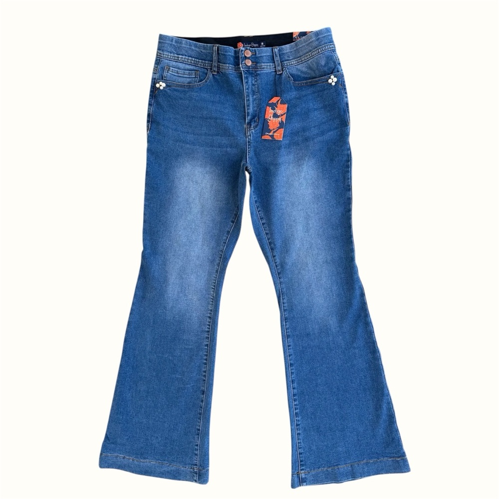 Indigo Poppy Pearl Bead Bootcut High-Rise Stretch Jeans ~ Women’s 14